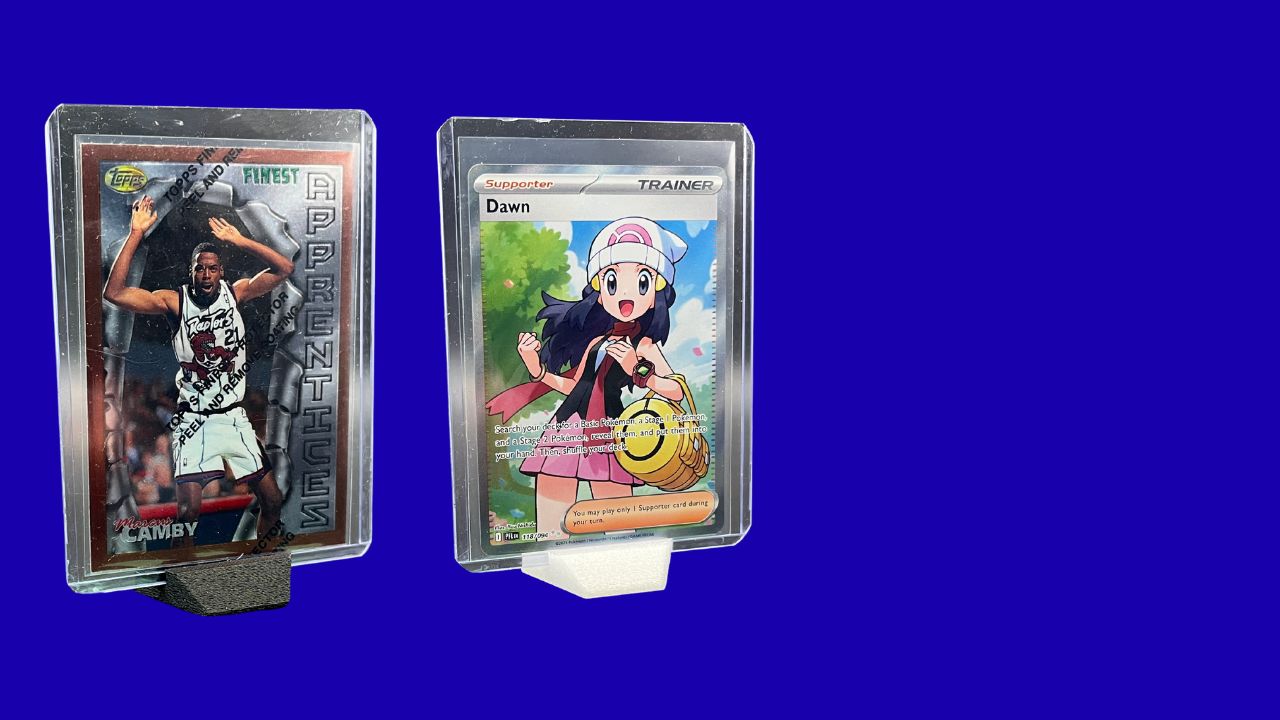 trading cards in toploaders on gemstand display stands from arnor industries